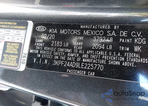 2020 Kia Forte Lxs z USA, uszkodzony, nr VIN 3KPF24AD9LE225770